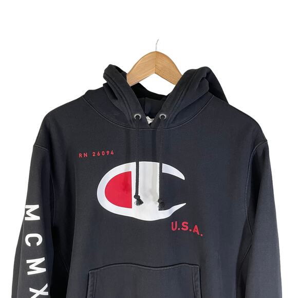 Champion Men's Reverse Weave Big C Hoodie RWSS Anniversary MCMXIX Black Small - Picture 4 of 7